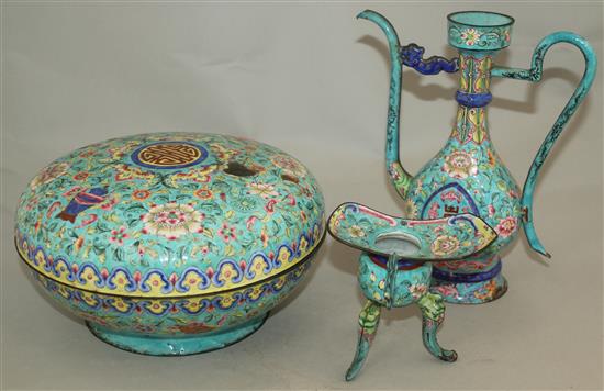 An unusual Chinese Canton enamel set, 19th century, some damages